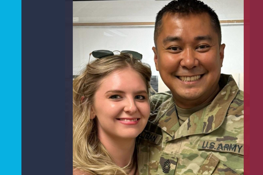 Veteran SYNERGY HomeCare Franchise Owner Jo Beltran, wearing his army uniform, poses next to his wife, who is also a co-owner and CEO of their SYNERGY HomeCare business.